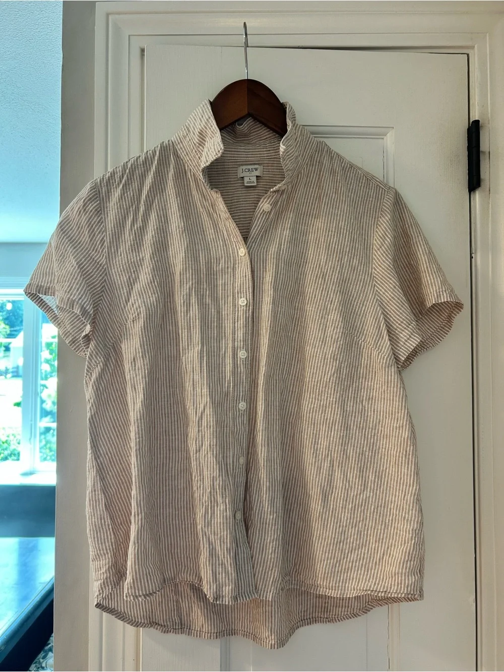 J. Crew Lightweight Striped Short-Sleeve Button-Up Shirt - Cream & Tan